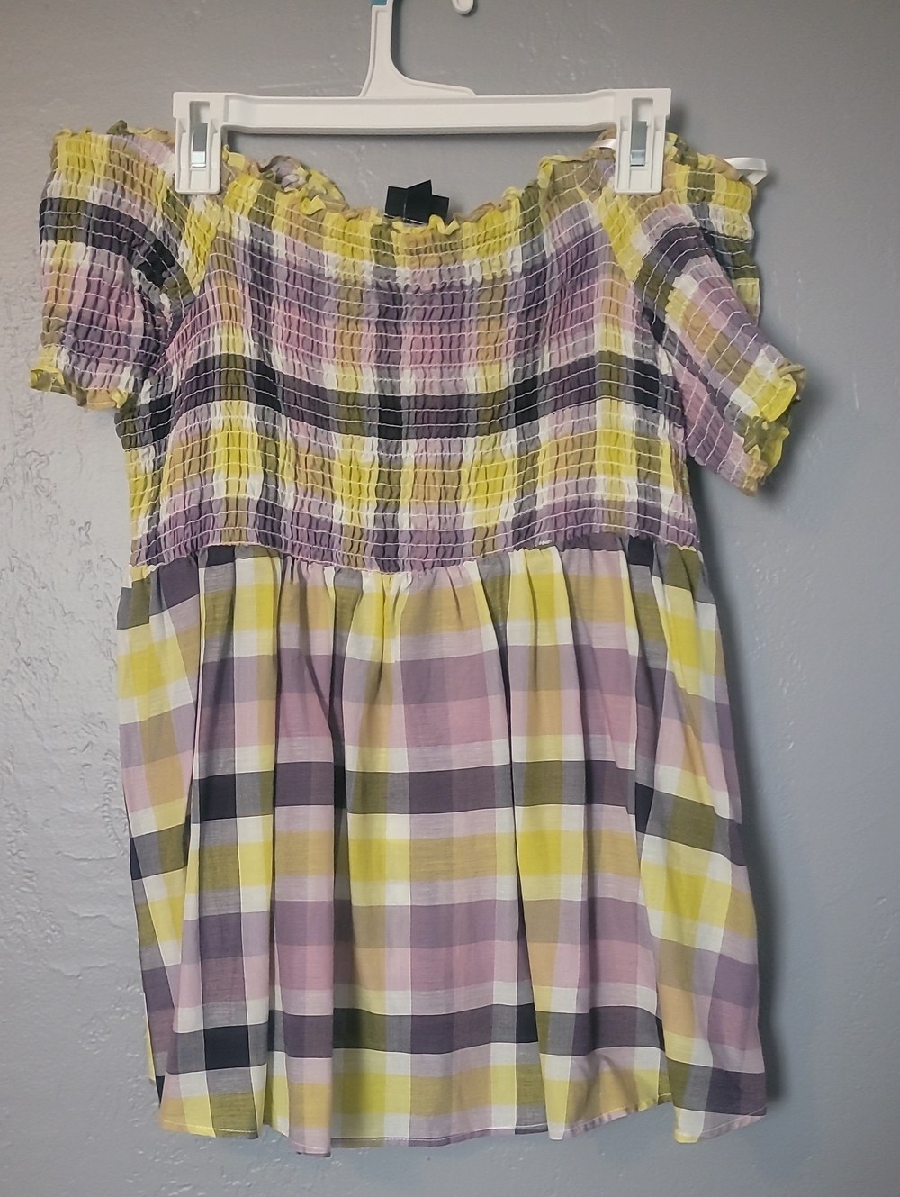 torrid Yellow & Lavender Plaid Smocked Off-Shoulder Dress